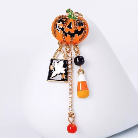 Pumpkin Halloween Ghost Candy Corn Jack-O-Lantern Rhinestone Crystal Brooch Pin - Picture 2 of 5